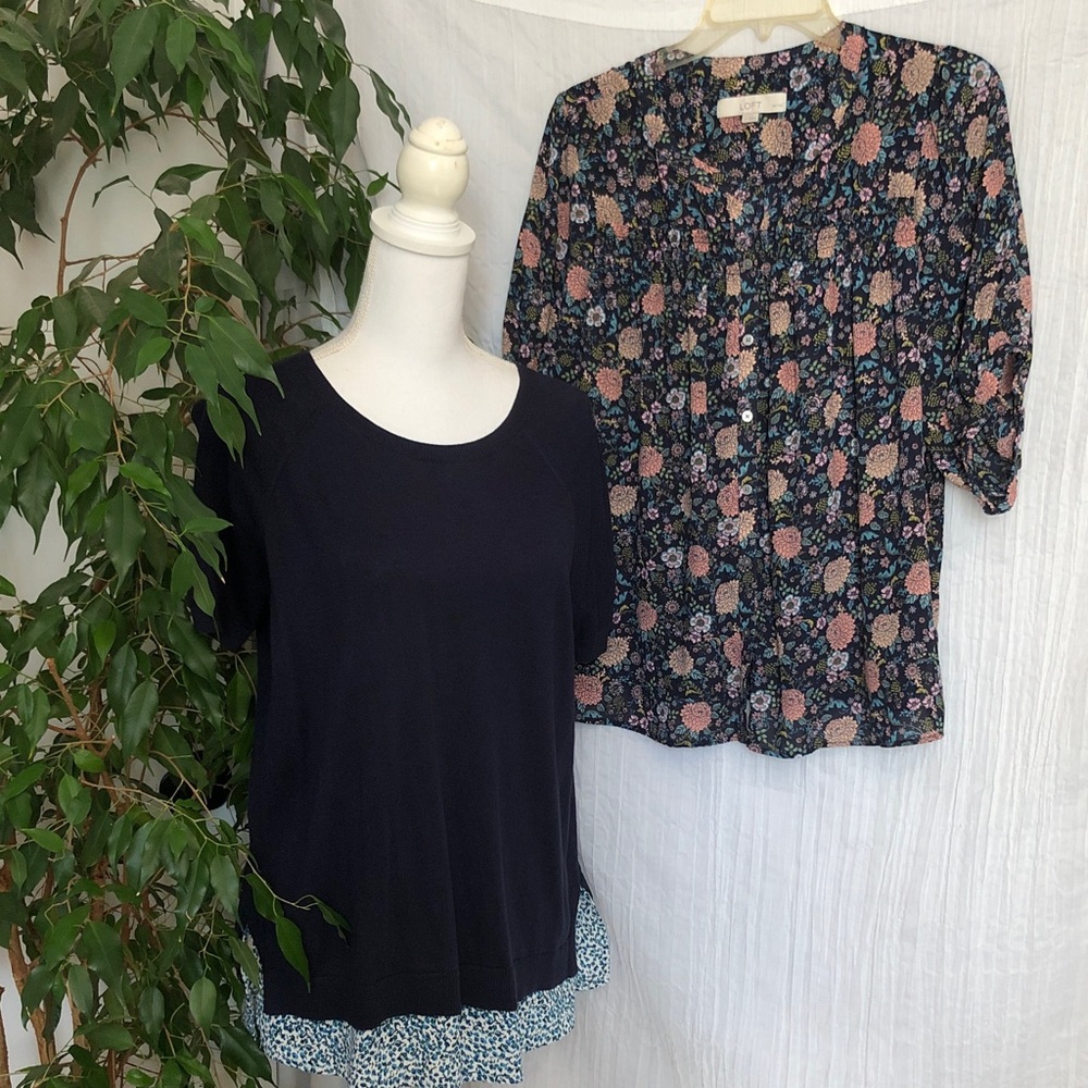 LOFT Size LP lot 2 blouses-navy sweater w/ floral hanging shirt & floral blouse